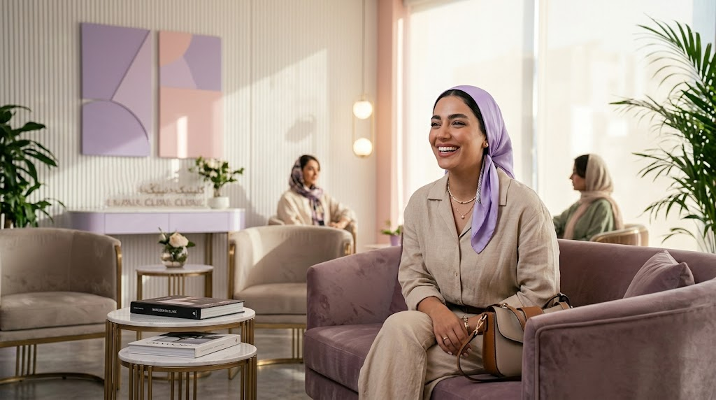پرتره یک خانم شیک که با لبخندی بینقص و زیبا در لابی مجلل کلینیک نشسته است.