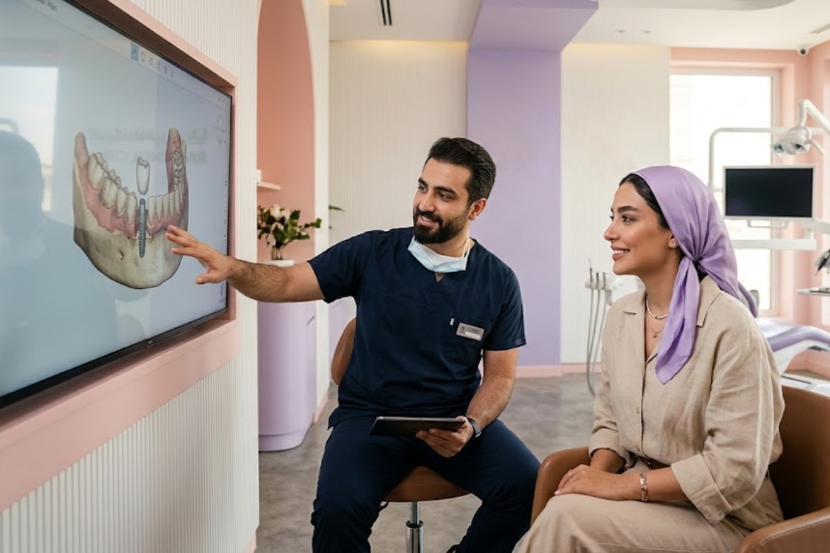 یک دندانپزشک آقای ایرانی و مجرب در حال توضیح دادن طرح درمان روی مانیتور به یک خانم
